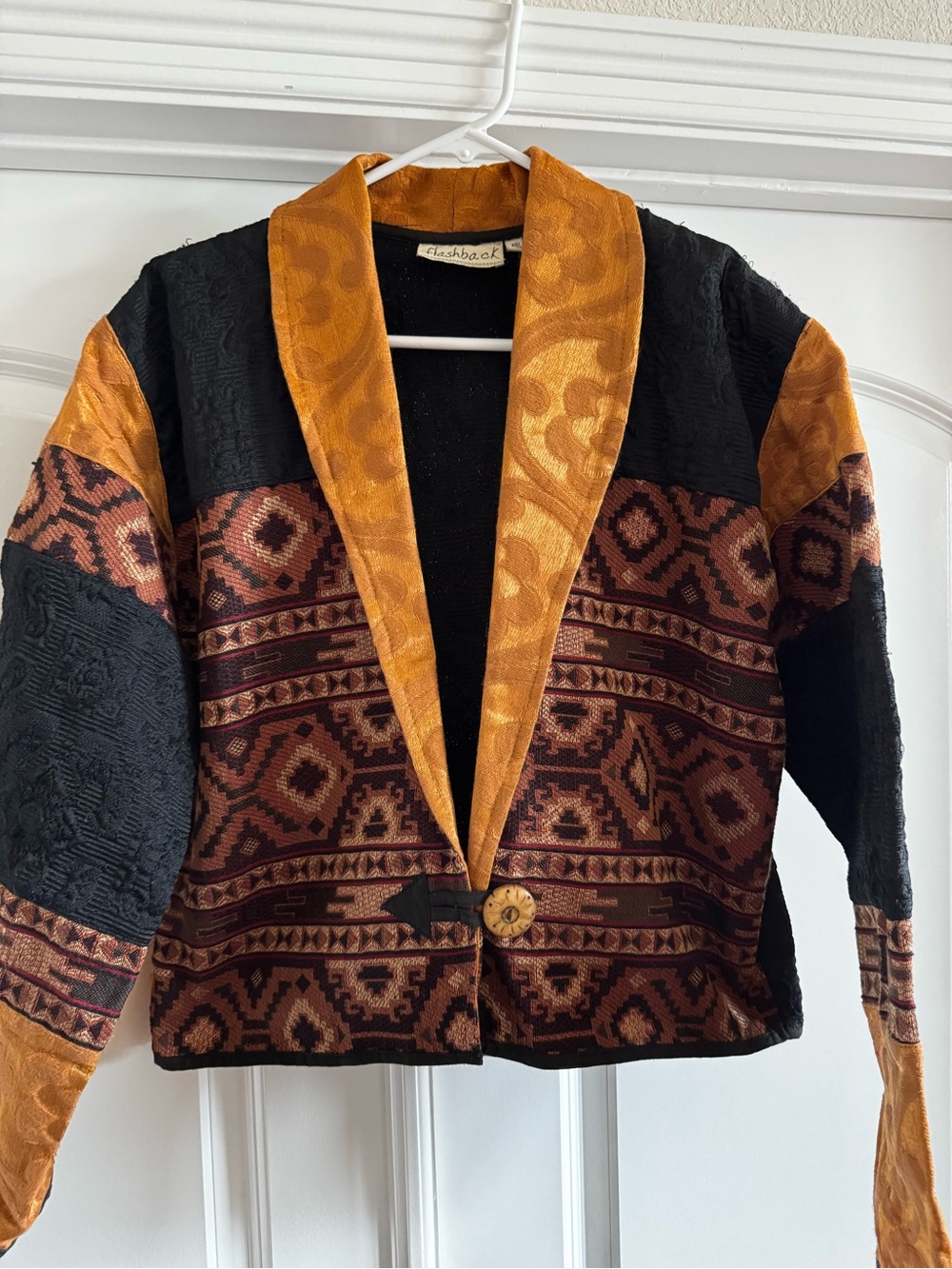 Vintage 90s Flashback Cropped Tapestry Jacket M Black Gold Southwestern Boho